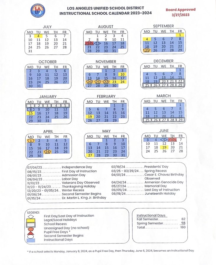 Los Angeles Unified School District Instructional School Calendar 2023-2024