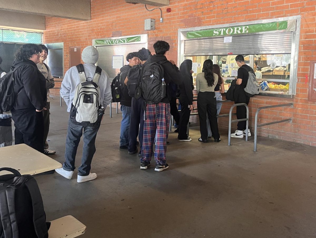 Students wait in line to purchase homecoming tickets.