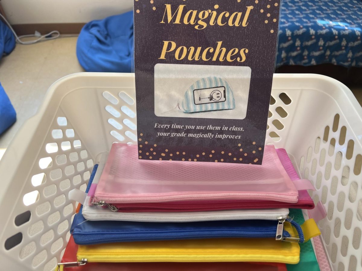 Phone storage pouches in BIT English teacher Mr. Macias's class.