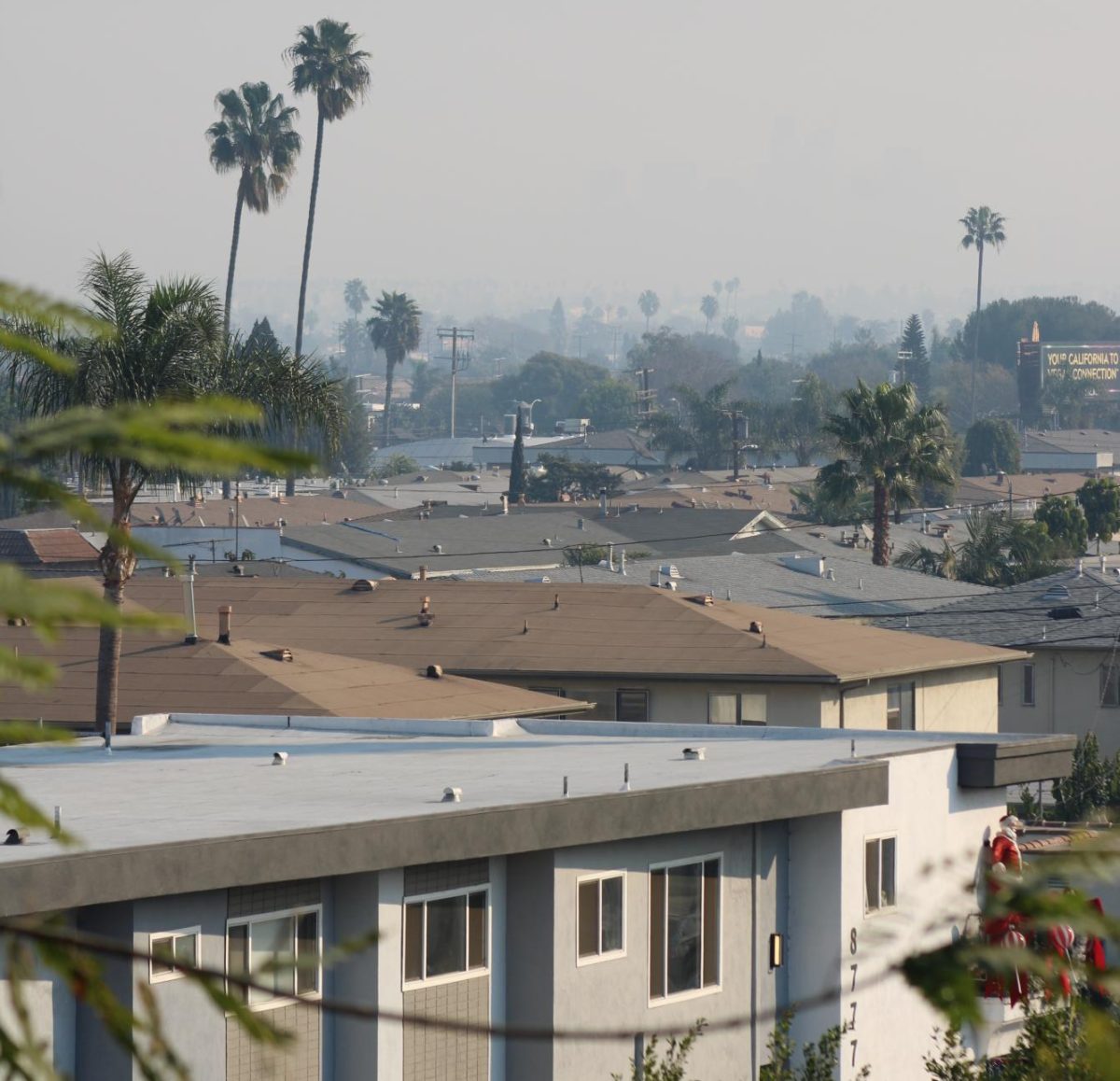 The skyline is visibly clouded from nearby neighborhoods.