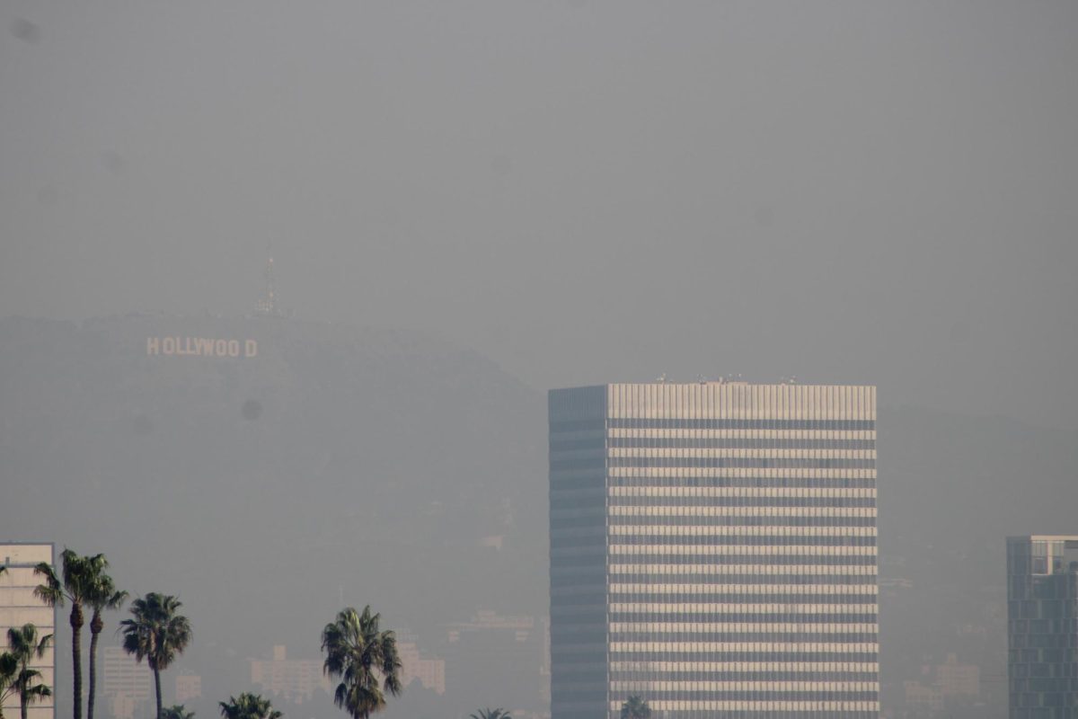 Los Angeles' Hollywood sign is shadowed in smoke from the fires.