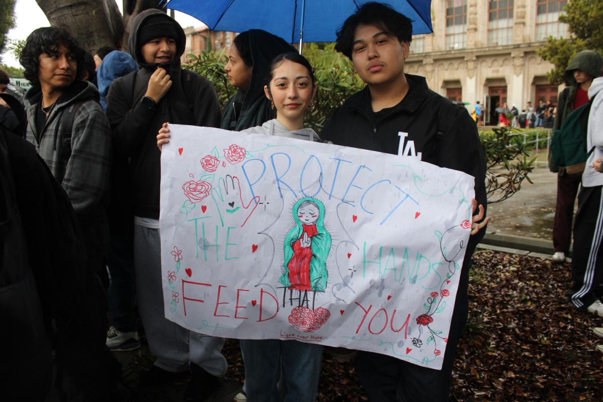 Students protest in front of the school.