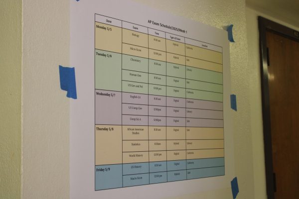 The AP exam schedule is posted on a wall in humanities. Posters hung around the school to remind students of the complicated schedule.