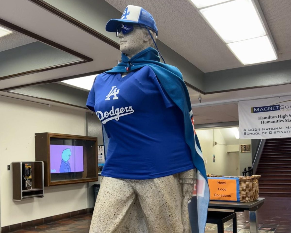 The Hamilton statue rocks Dodgers merch in Brown Hall.